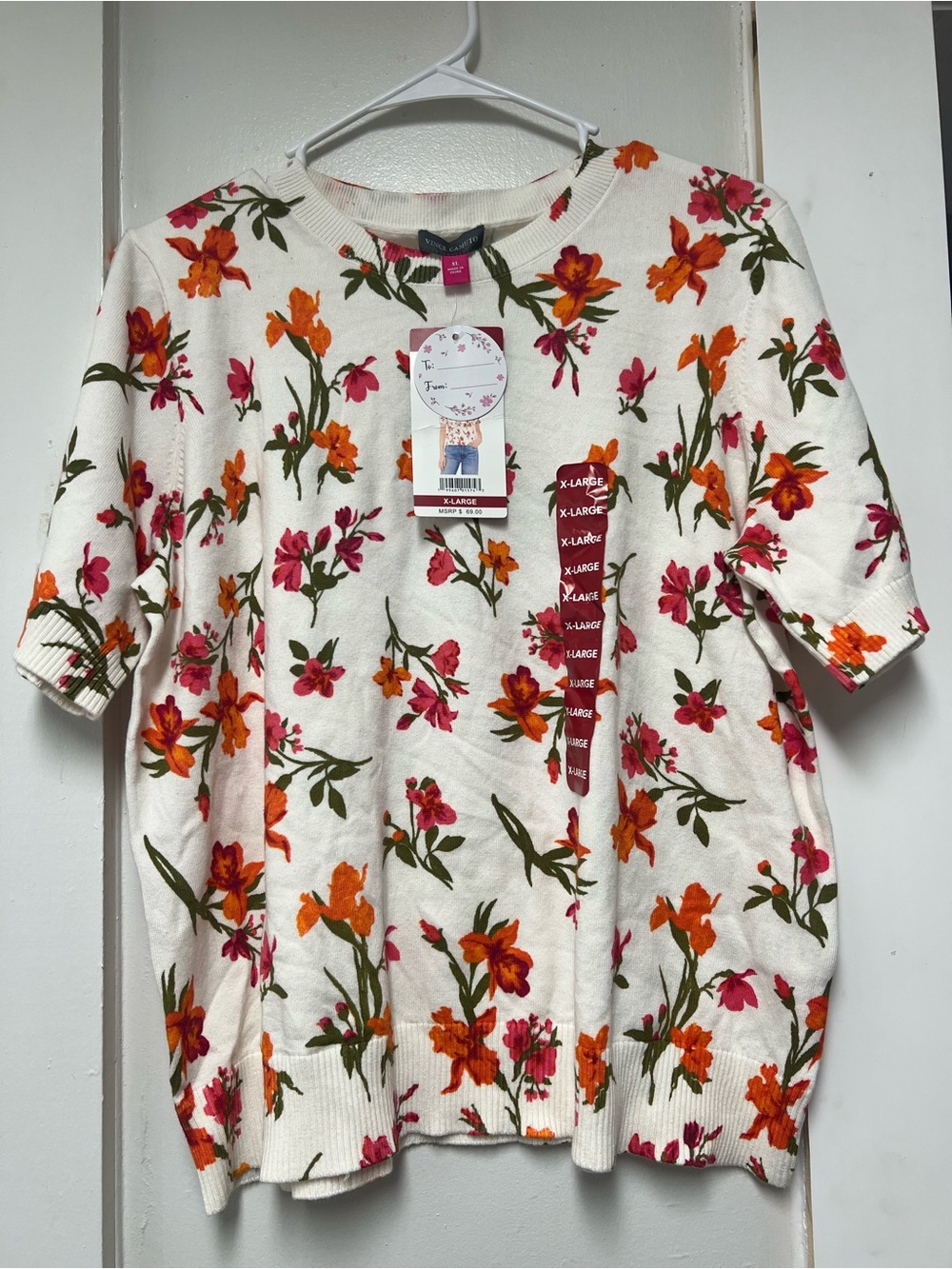 Vince Camuto White Short-Sleeve Sweater Top with Orange & Pink Floral Print